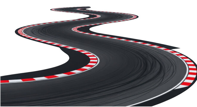 Winding race track with red curbs isolated on transparent background
