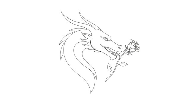 Delicate line drawing of a majestic dragon profile holding a single rose in its mouth, isolated on a white background.