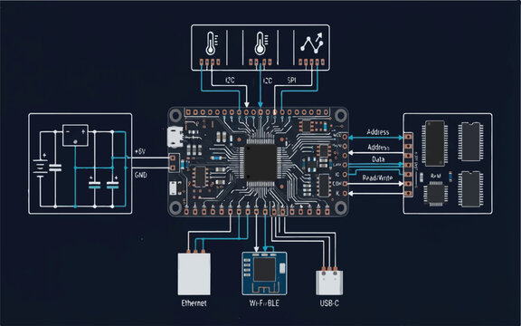 Modern microcontroller pcb circuit board diagram with sensors