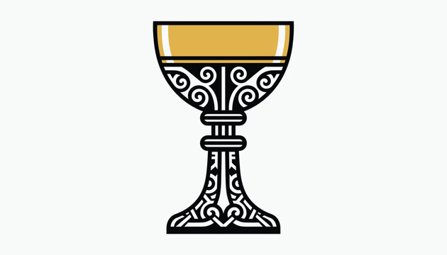 Holy grail goblet with golden liquid features elegant black swirl patterns in an ornate traditional design.
