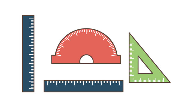 Collection of colorful geometric drawing tools including rulers protractor and set square triangle isolated on white background.