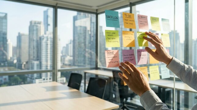 Creative corporate professionals analyzing strategic workflow milestones during agile brainstorming sprint