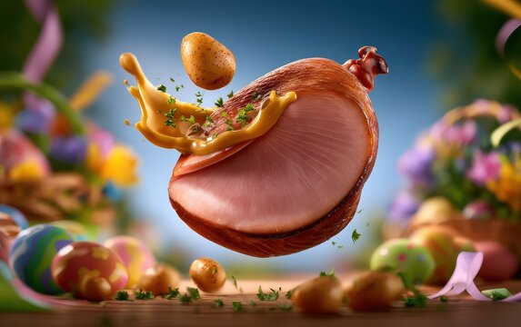 Easter Ham with Eggs and Chocolate Bunnies on a Table