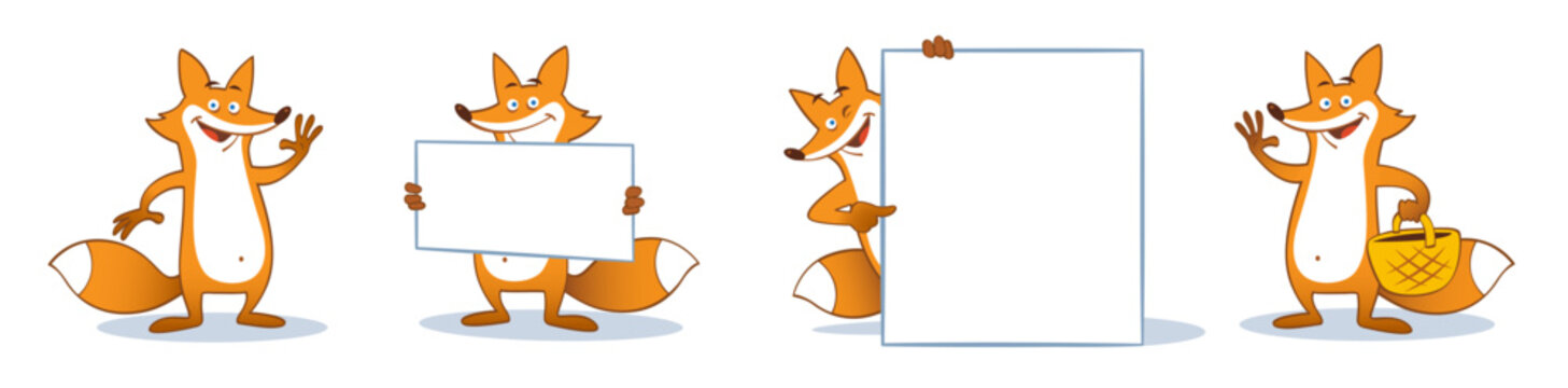 Fox mascot in various poses, isolated on a white background.
