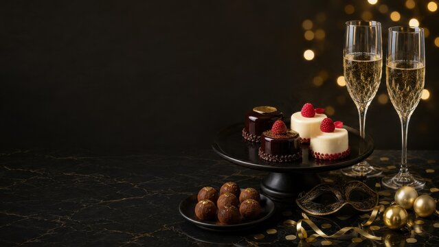 Festive dessert platter with champagne flutes and berries