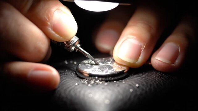 Macro Close-up of Skilled Artisan Hand Engraving Intricate Details onto a Silver Coin with Precision.