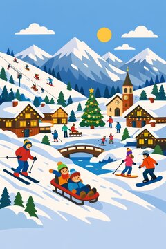 Winter ski resort village scene with families sledding skiing and christmas tree for seasonal poster banner and holiday travel illustration