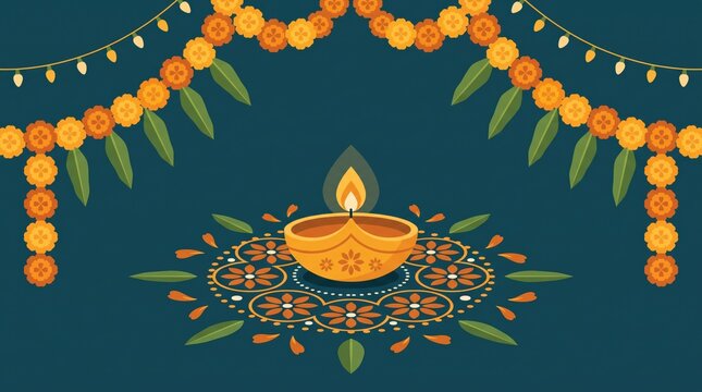 Diwali diya vector illustration with marigold flower garland and colorful rangoli background