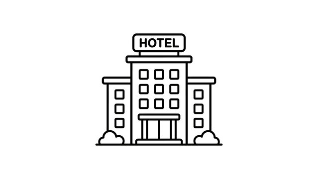Hotel building with signage icon in black line style on transparent bg.
