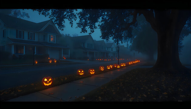 Spooky suburban street lined with glowing jack o lanterns in dark blue night fog.