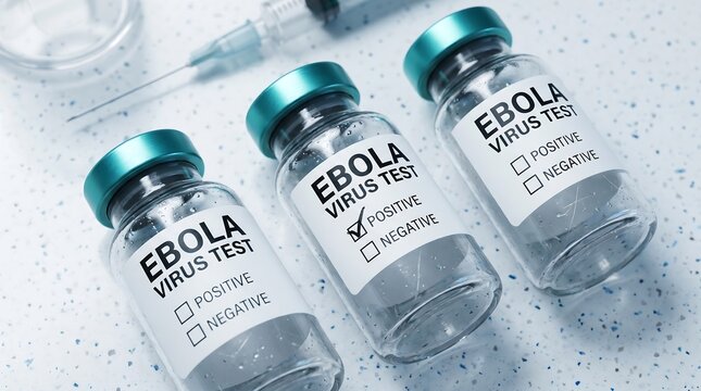 Ebola Virus Test Vials: Positive Result Checkmark on Medical Diagnostic Samples with Syringe for Infectious Disease Research, Outbreak Response, and Public Health Lab Analysis