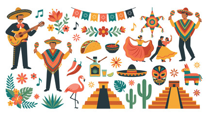Fototapeta premium Mexico cultural celebration with dancers musicians and landmarks.