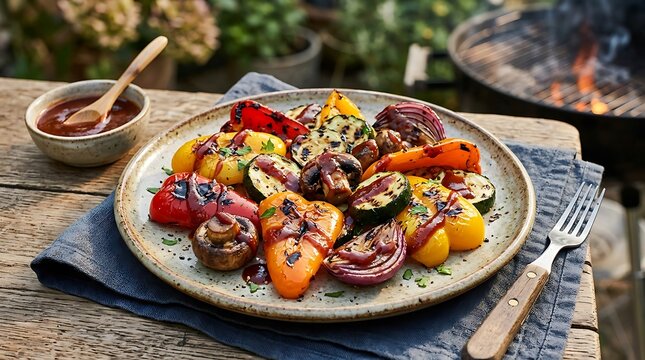 Grilled vegetable platter with bell peppers, onions, and zucchini on a rustic wooden table for a summer outdoor barbecue meal. blazing BBQ drizzle