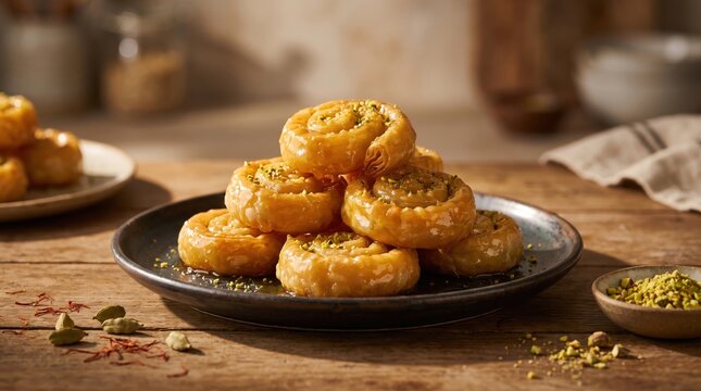 Sweet honey glazed pastry rolls filled with nuts and pistachios on a rustic wooden table