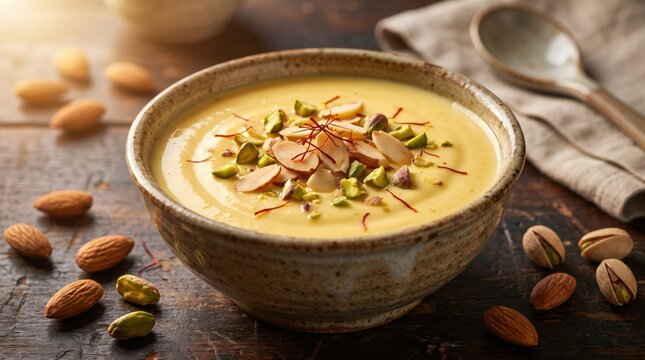 Almond kheer dessert bowl with saffron and pistachios for traditional culinary recipes and food blog photography