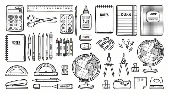 Hand drawn school and office supplies collection on a white background