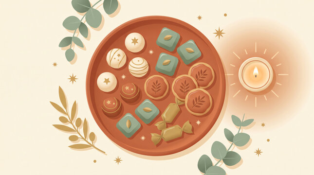 Assorted traditional sweets and pastries on terracotta plate with festive candle and eucalyptus leaves
