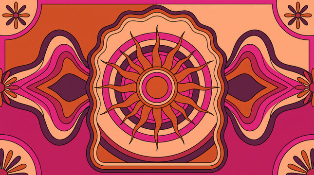 Retro psychedelic sun background featuring groovy vintage abstract mandala patterns and warm colors