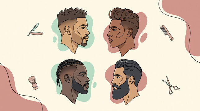 Barber shop vector illustration showcasing male hairstyles and grooming tools