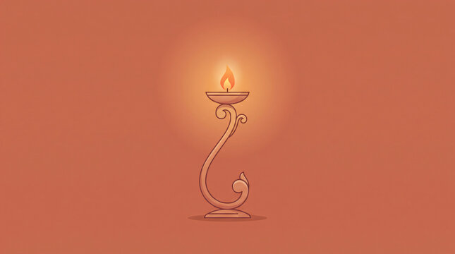 Lit candle in ornate brass holder with glowing flame for cozy interior and spiritual design
