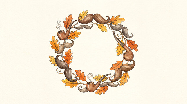 Autumn wreath illustration with mustaches and wooden pipes surrounded by fall oak leaves