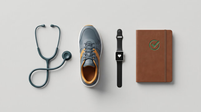 Fitness tracker and medical stethoscope flat lay for healthcare and wellness concept