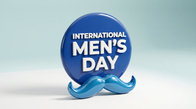 International men day badge illustration with glossy blue mustache symbol