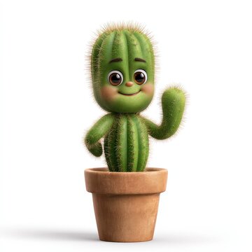 Cute Cartoon Cactus Character Waving in a Pot