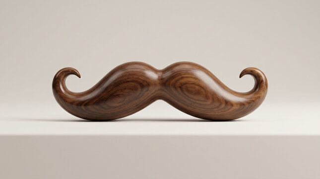 Wooden mustache 3D render with curled handlebar tips for gentleman concept and barber shop branding