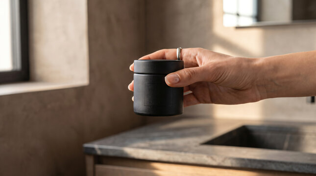 Black cosmetic jar held by hand in a modern luxury bathroom skincare product mockup scene