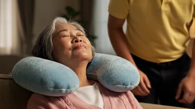 Caring man adjusting a blue travel neck pillow for an elderly senior woman resting comfortably on a couch.