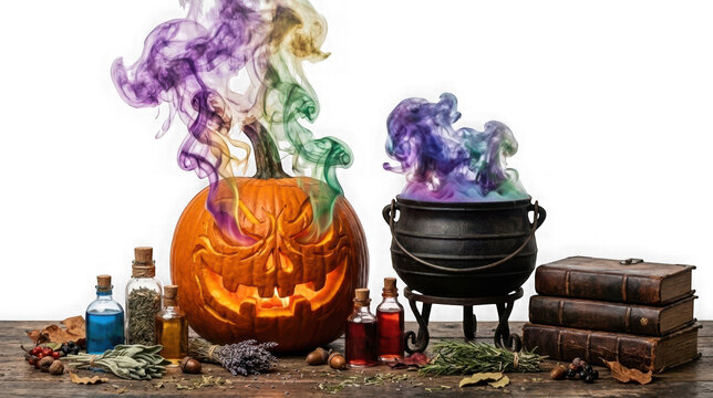 Halloween composition with carved pumpkin, witch cauldron, magic potions, and old books on wooden table isolated on transparent background