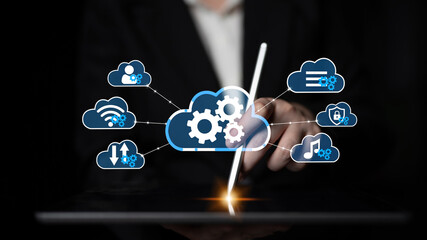 Digital Transformation Concept with Cloud Computing and Gear Icons Representing Technology and Data...