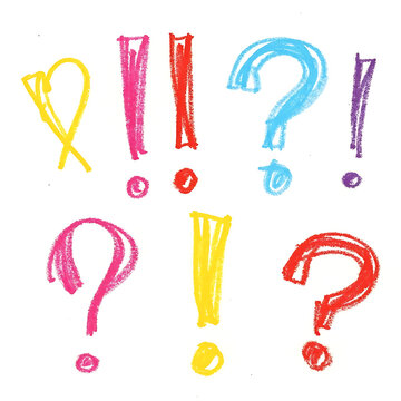 Colorful exclamation and question marks drawn with crayon on white background.