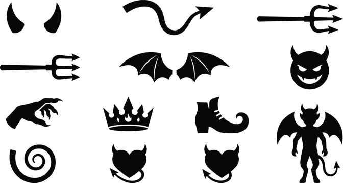 Devil icon collection featuring black vector silhouettes of horns wings tridents crowns and spooky demonic elements for creative design projects
