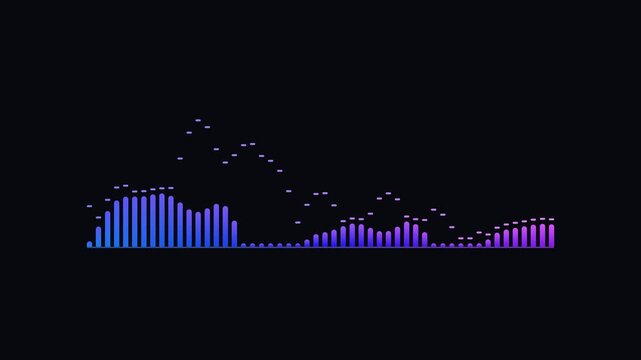 Dynamic audio spectrum motion graphics with blue and purple visualizer bars on dark background.