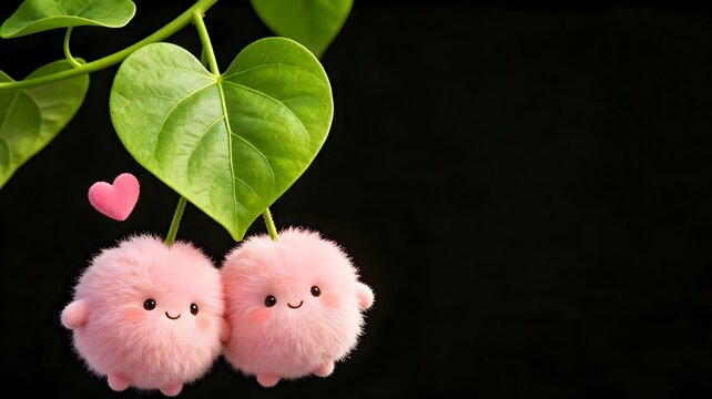 Two Cute Fluffy Pink Friends Under Heart Leaf &mdash; Floating Pink Heart, Love & Sweet Bond Symbol