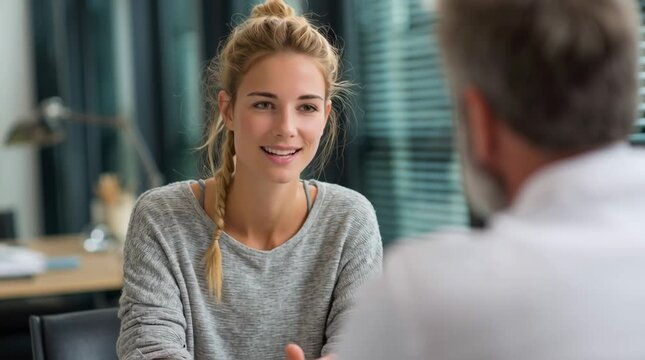 A young blond woman engages in conversation with a senior man in a modern office setting. The atmosphere is professional and collaborative.