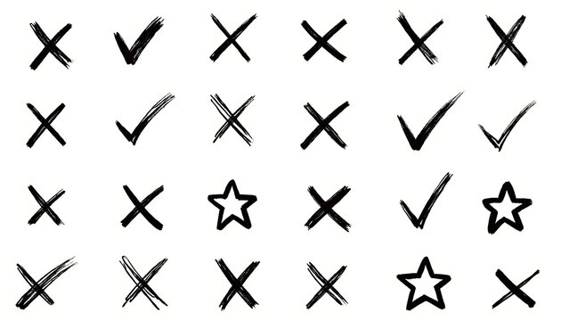 Assorted hand drawn marks including crosses checks and stars on white background.