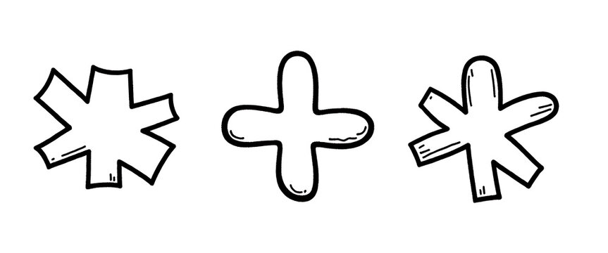 Hand drawn star and plus symbols on white background for graphic design.