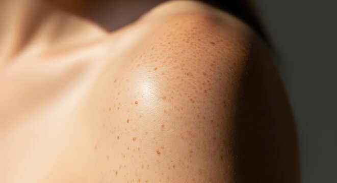 Extreme macro close up of a sun kissed freckled shoulder lit by warm natural sunlight highlighting fine skin texture, natural body beauty concept photography