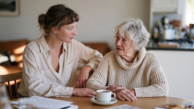An adult daughter sitting beside her aging mother who is now frail, a complex silence between them, a half finished cup of tea on the table, capturing the unresolved childhood