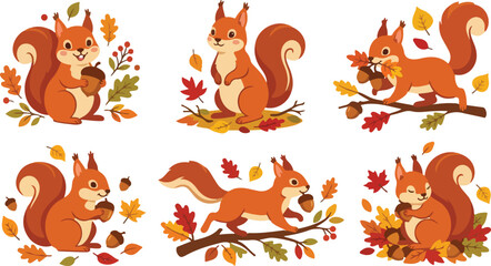 Obraz premium Cute Squirrel Autumn Leaves and Woodland Nature Illustration