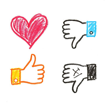 Simple crayon drawings of heart, sun, and thumbs up/down hands for positive and negative ratings.
