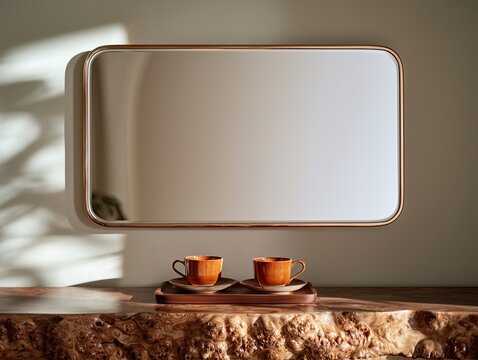Organic wood console table with mirror and ceramic coffee cups in sunlit interior
