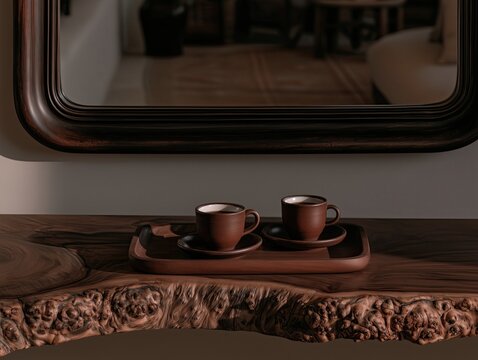Two ceramic coffee cups on live edge wood console beneath dark framed mirror