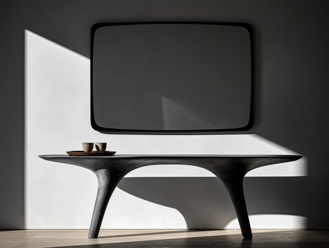 Black sculptural console table with large mirror in dramatic minimalist interior