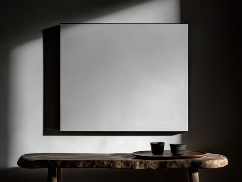 Minimalist wall art above live edge wood console table in dramatic sunlit interior