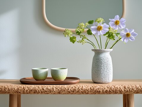 Ceramic vase with spring flowers and tea cups on natural wood console table