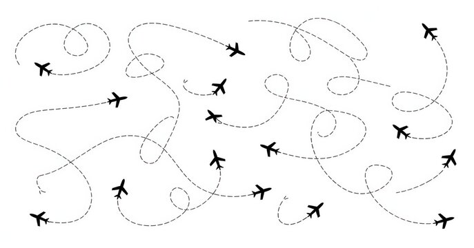 Black and white illustration of multiple airplanes following dotted flight paths on white